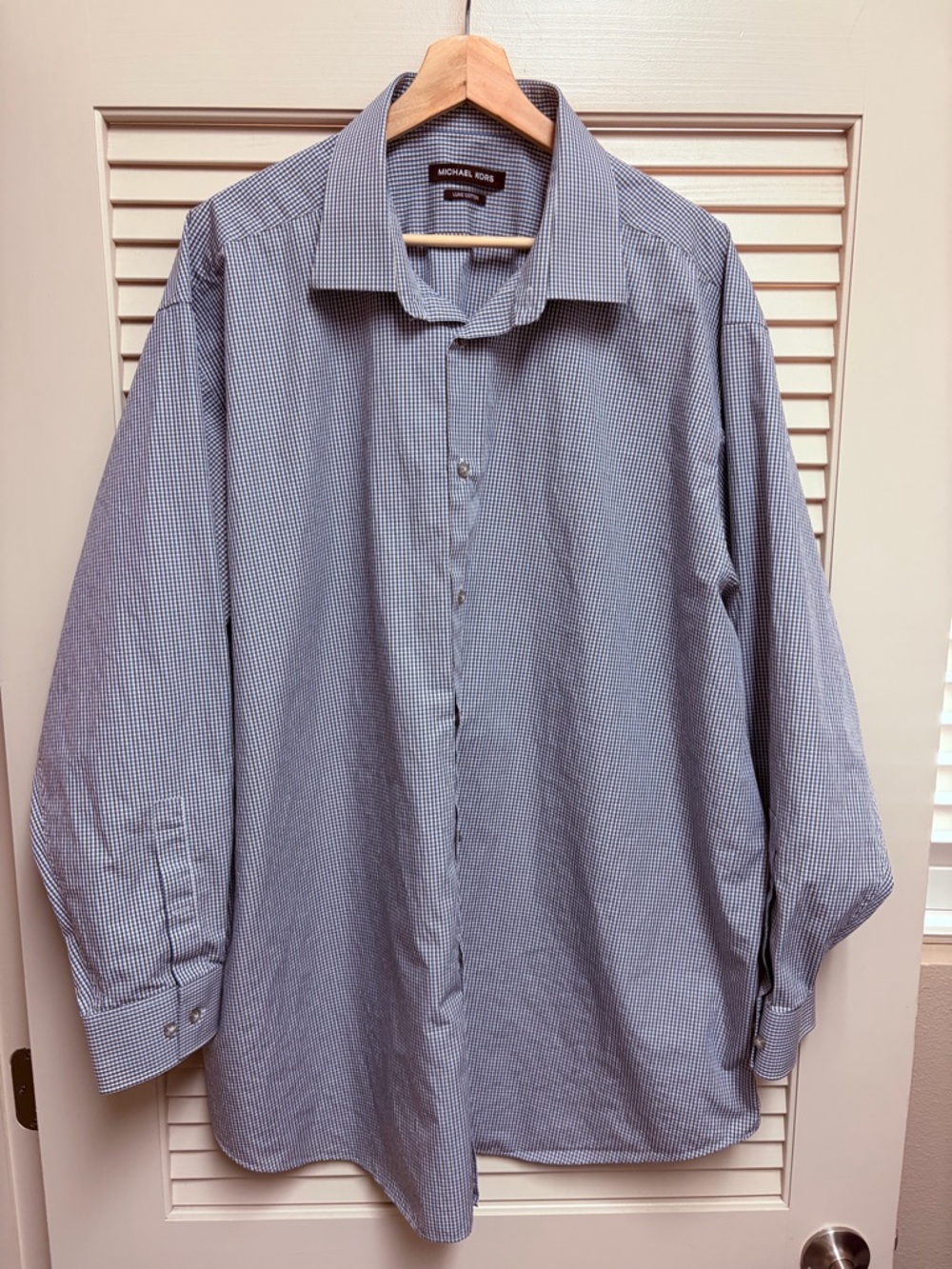 Michael Kors Luxe Cotton Dress Shirt Mens 18 Blue Check Button Up Sleeve 32